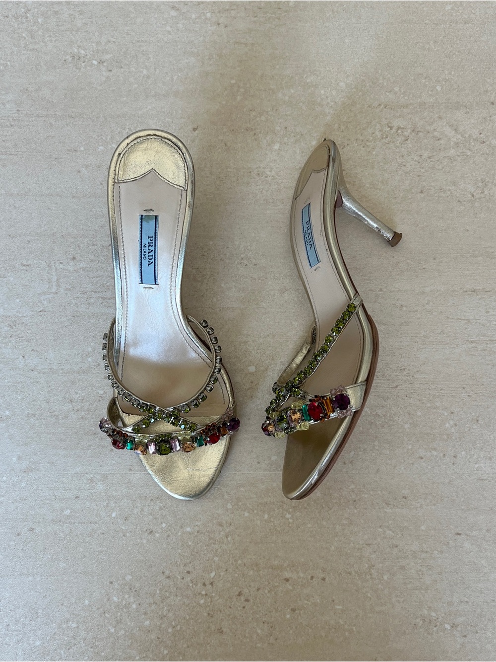 Prada Gold Crystal-Embellished Open-Toe Heels - Picture 2 of 8